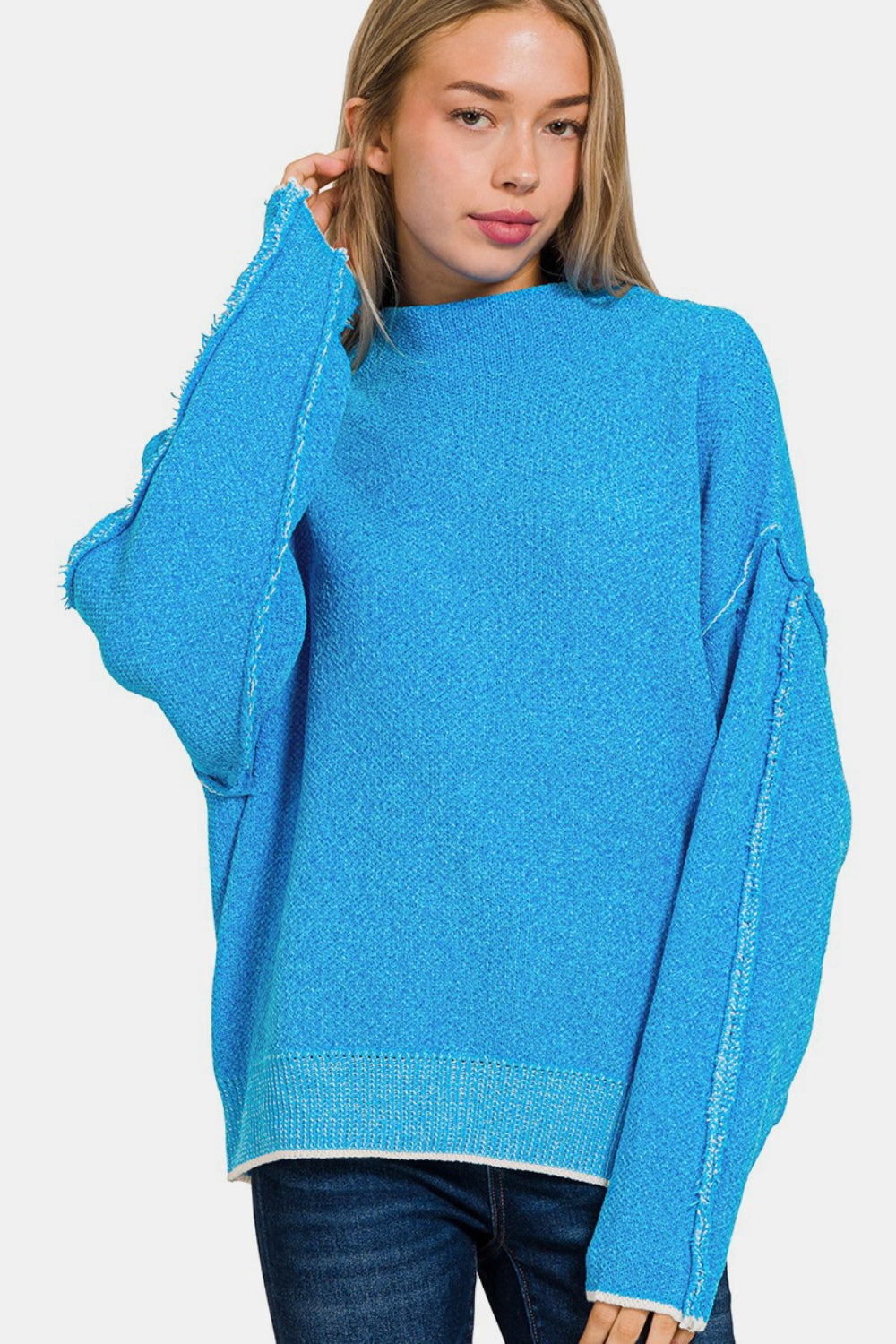 Zenana Exposed Seam Mock Neck Long Sleeve Sweater-TOPS / DRESSES-[Adult]-[Female]-Deep Sky-S/M-2022 Online Blue Zone Planet