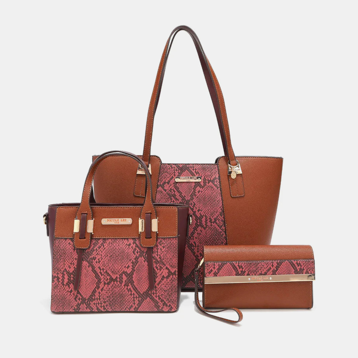 Nicole Lee USA 3-Piece Snake Print Handbag Set-HANDBAGS-[Adult]-[Female]-MAUVE-One Size-2022 Online Blue Zone Planet