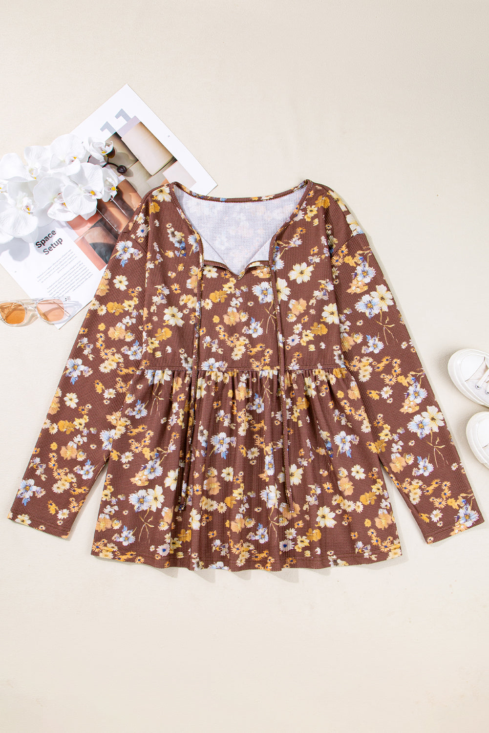 Khaki Floral Textured Tied Neck Long Sleeve Plus Size Babydoll Blouse-Plus Size/Plus Size Tops/Plus Size Blouses & Shirts-[Adult]-[Female]-2022 Online Blue Zone Planet