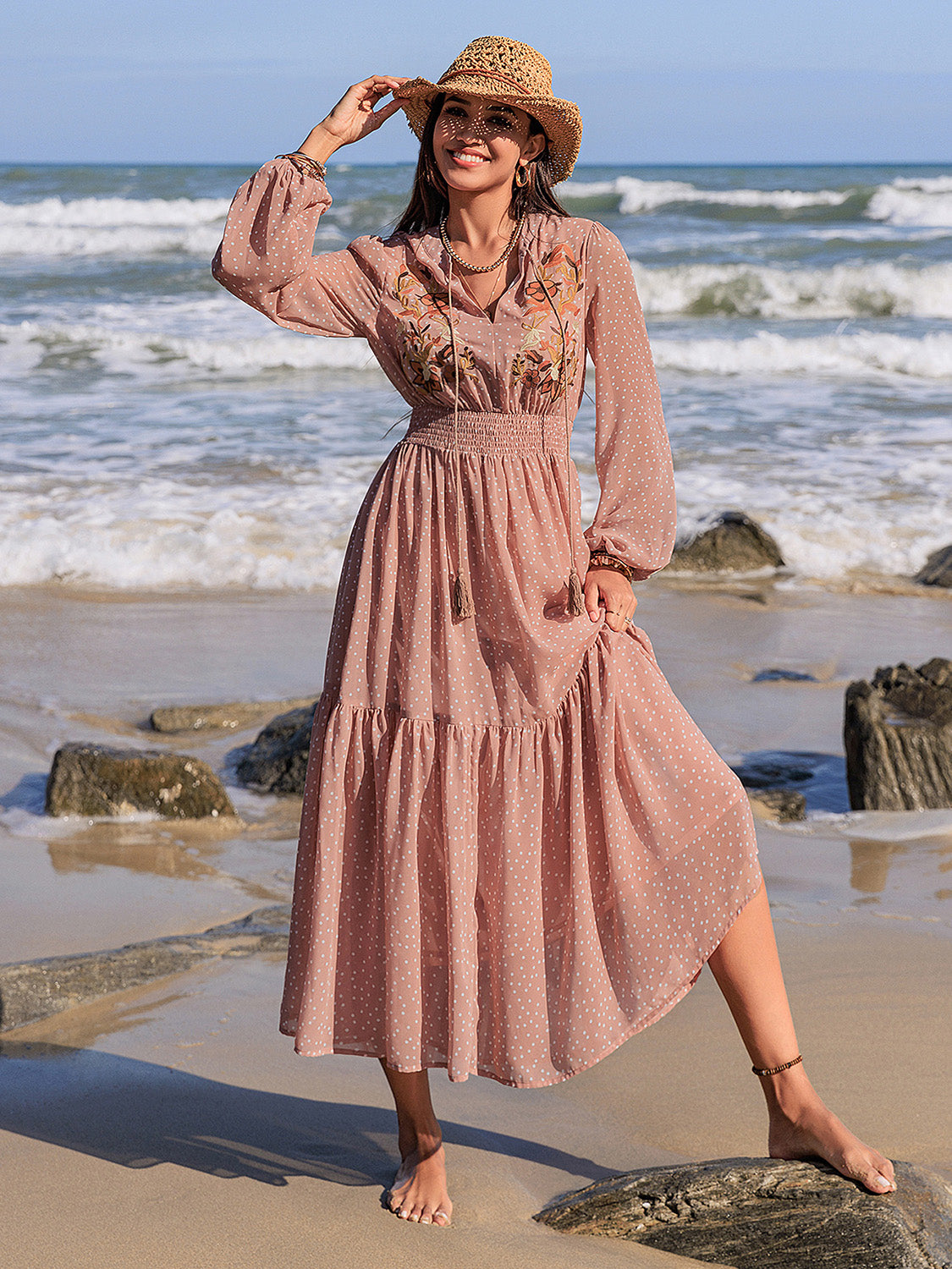 Embroidered Polka Dot Tie Neck Long Sleeve Midi Dress Pale Blush / XL Embroidered Polka Dot Tie Neck Long Sleeve Midi Dress Pale Blush / XL