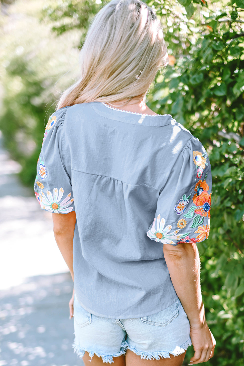 Beau Blue Floral Embroidered Puff Sleeve Split Neck Blouse-Tops/Blouses & Shirts-[Adult]-[Female]-2022 Online Blue Zone Planet