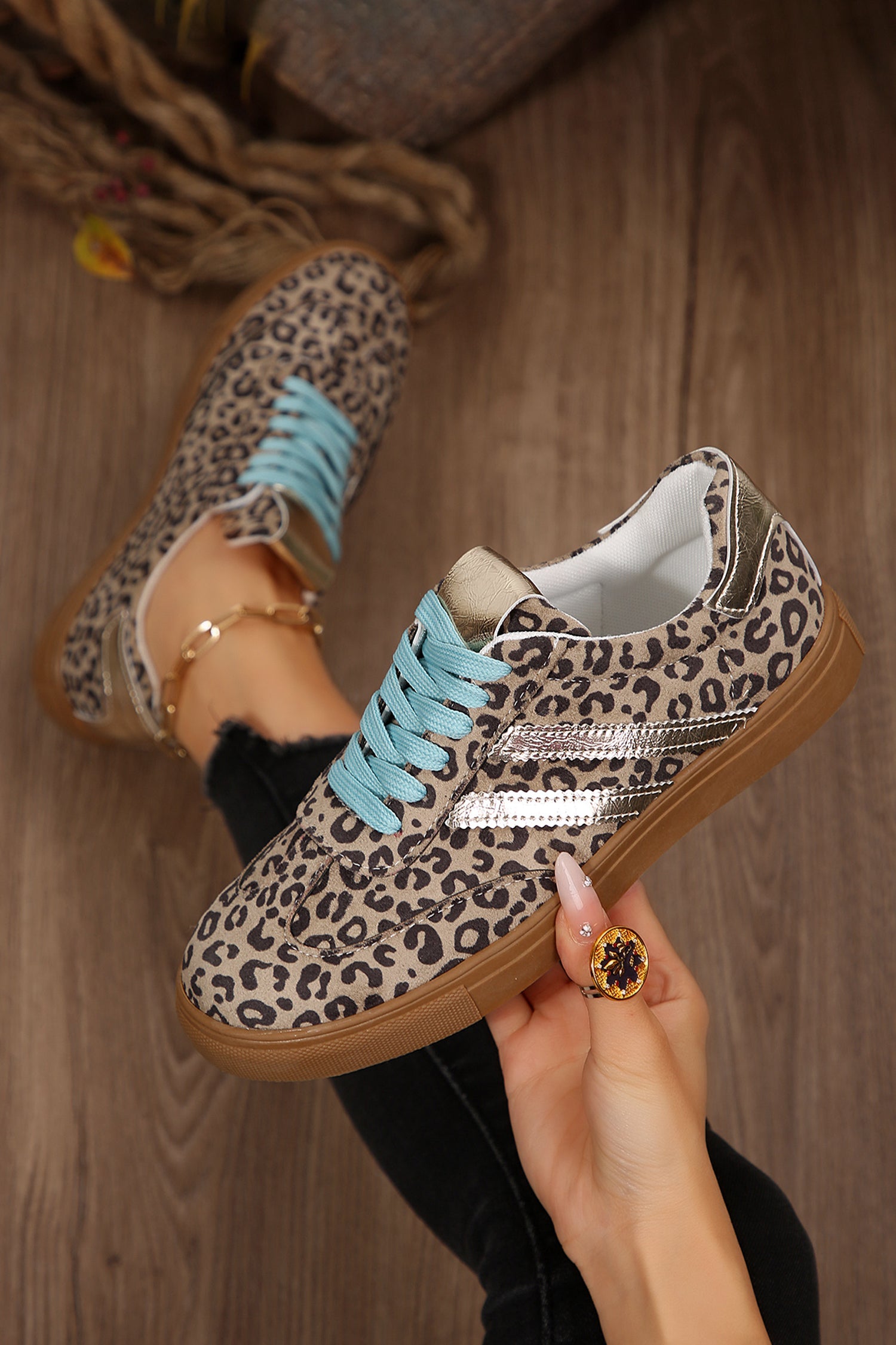 Coffee Faux Suede Leopard Print Sleek PU Leather Detail Lace Up Sneakers-Shoes & Bags/Womens Shoes-[Adult]-[Female]-Coffee-37-2022 Online Blue Zone Planet