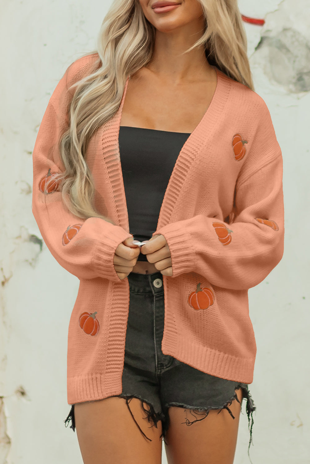 Straw Yellow Pumpkin Tree Print Open Front Drop Shoulder Midi Cardigan-Sweaters & Cardigans/Cardigans-[Adult]-[Female]-2022 Online Blue Zone Planet