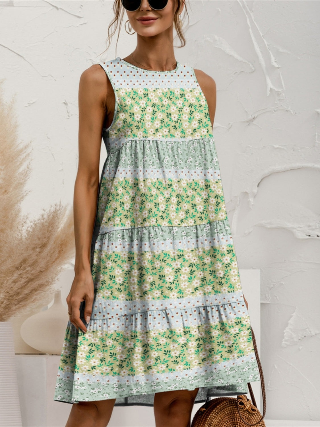 Tiered Printed Round Neck Sleeveless Dress-TOPS / DRESSES-[Adult]-[Female]-Light Green-S-2022 Online Blue Zone Planet