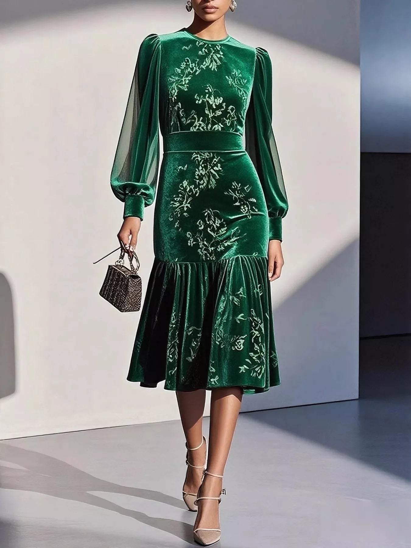 Velvet Floral Lantern Sleeve Midi Dress Blue Zone Planet Velvet Floral Lantern Sleeve Midi Dress Blue Zone Planet