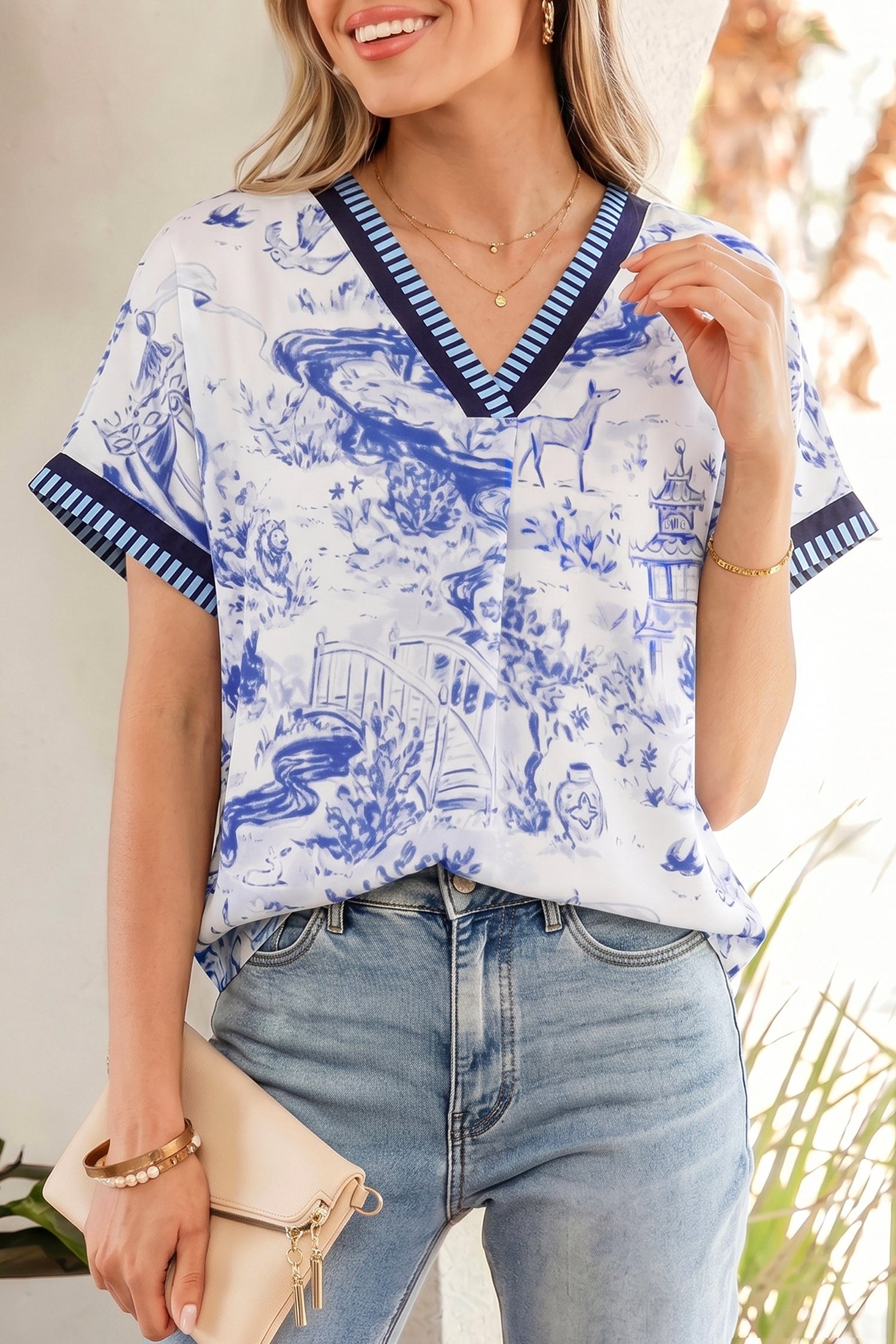 Blue Wild Animal Paradise Striped Trim V Neck Short Sleeve Blouse-Tops/Blouses & Shirts-[Adult]-[Female]-Blue-S-2022 Online Blue Zone Planet