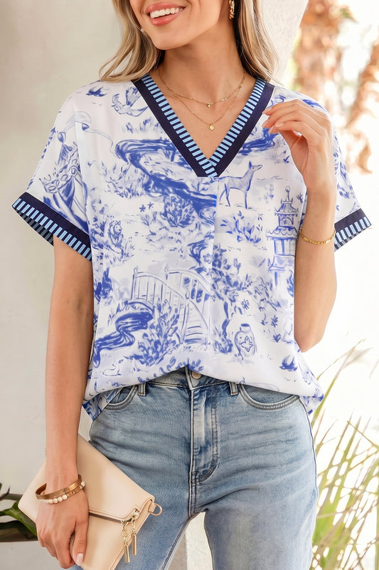 Blue Wild Animal Paradise Striped Trim V Neck Short Sleeve Blouse-Tops/Blouses & Shirts-[Adult]-[Female]-Blue-S-2022 Online Blue Zone Planet