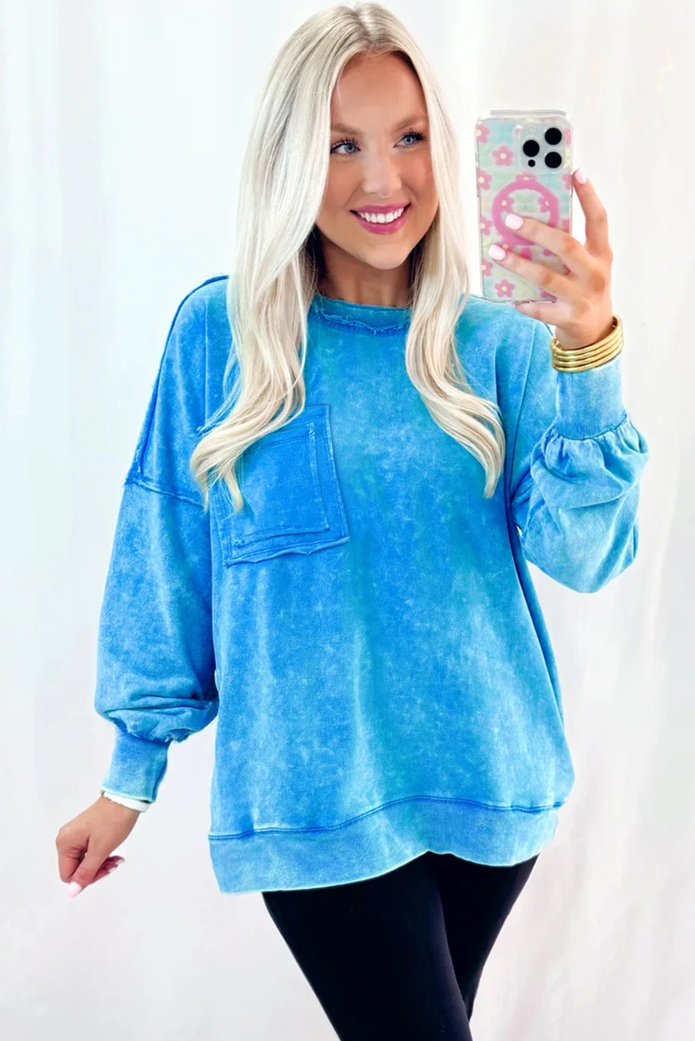 Blue Mineral Wash Raw Seam Double Patched Pocket Pullover Sweatshirt-Tops/Sweatshirts & Hoodies-[Adult]-[Female]-2022 Online Blue Zone Planet