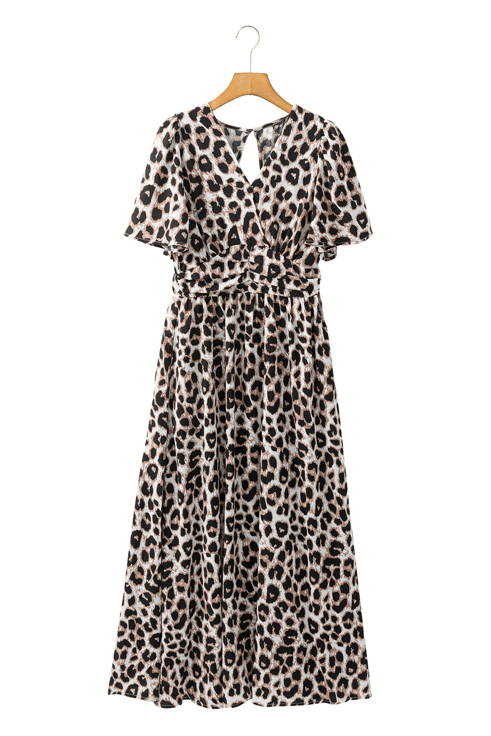 Khaki Leopard V Neck Cinched High Waist Open Back Maxi Dress-Maxi Dresses-[Adult]-[Female]-2022 Online Blue Zone Planet