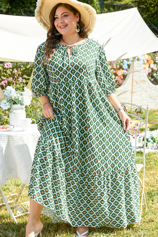 Green Geometric Floral Print Half Sleeve Plus Size Maxi Dress-TOPS / DRESSES-[Adult]-[Female]-Green-1X-2022 Online Blue Zone Planet