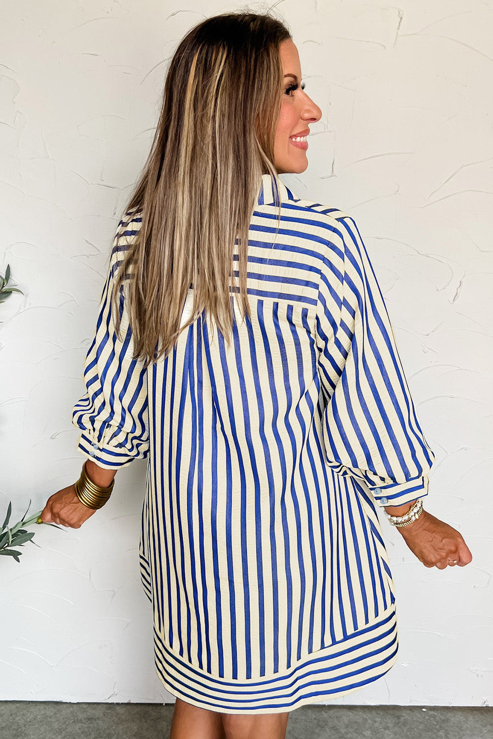 Blue Stripe Collared Half Button Side Pockets Loose Fit Mini Dress-Dresses/Mini Dresses-[Adult]-[Female]-2022 Online Blue Zone Planet