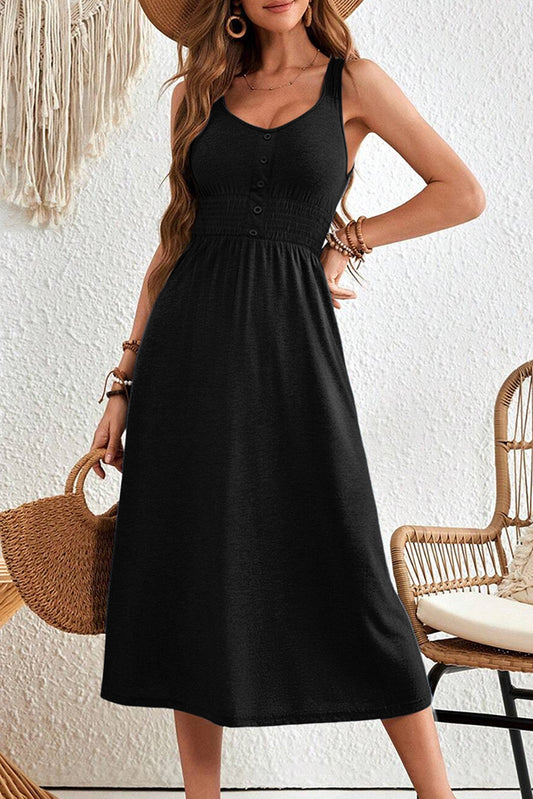 Black Button Shirred High Waist Sleeveless Midi Dress-TOPS / DRESSES-[Adult]-[Female]-Black-2XL-2022 Online Blue Zone Planet