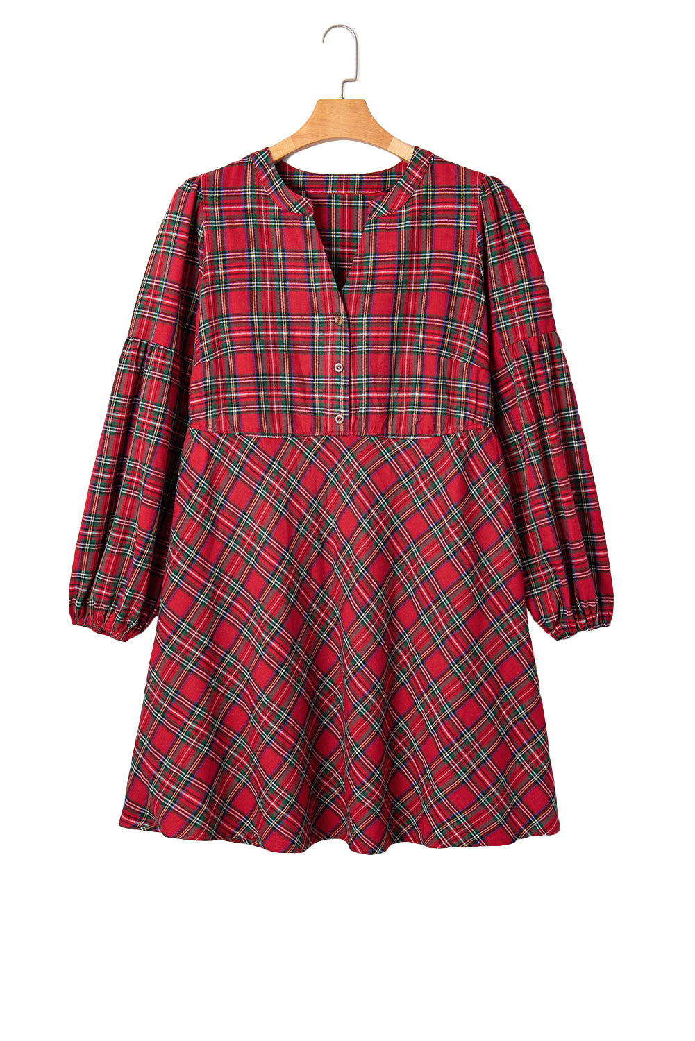 Red Plus Size Plaid Half Button Long Sleeve Holiday Dress-TOPS / DRESSES-[Adult]-[Female]-2022 Online Blue Zone Planet