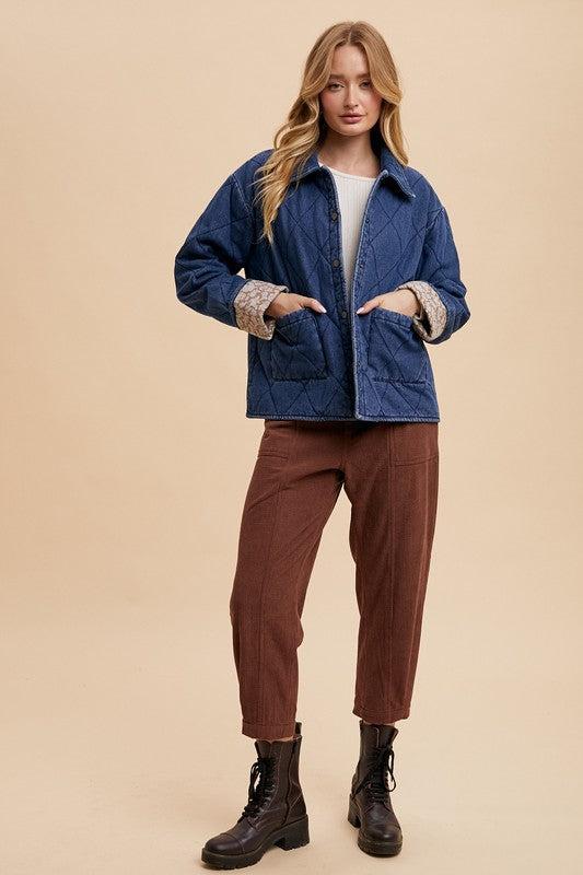 Annie Wear Quilted Printed Lining Snap Down Denim Jacket-TOPS / DRESSES-[Adult]-[Female]-2022 Online Blue Zone Planet