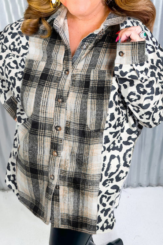 Plus Size Leopard Plaid Button Up Long Sleeve Shacket-TOPS / DRESSES-[Adult]-[Female]-Dark Gray-1XL-2022 Online Blue Zone Planet