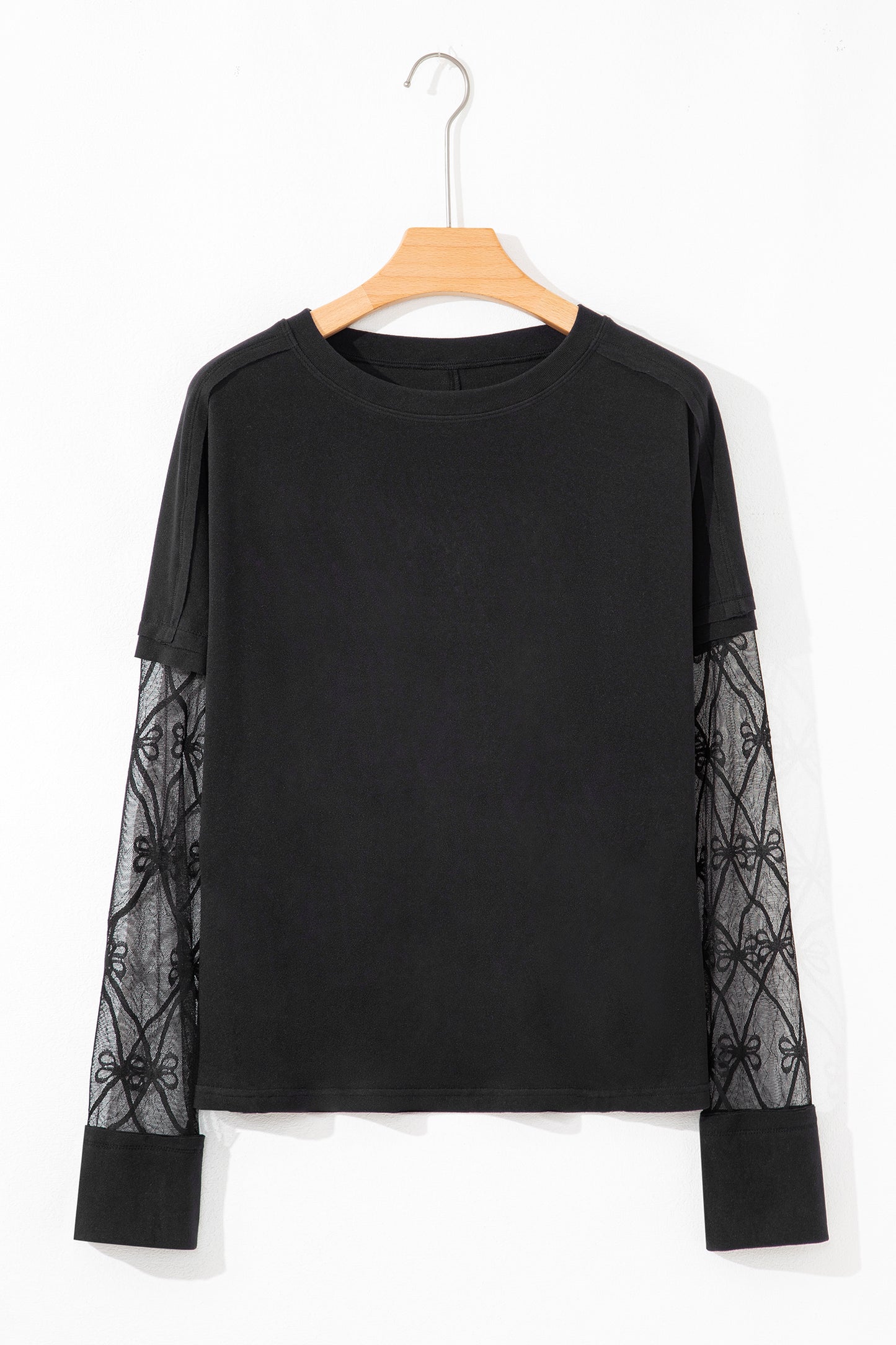 Black Solid Color Bow Textured Patchwork Long Sleeve Tee-Tops/Long Sleeve Tops-[Adult]-[Female]-2022 Online Blue Zone Planet