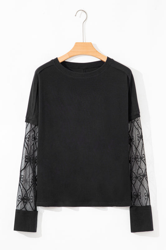 Black Solid Color Bow Textured Patchwork Long Sleeve Tee-Tops/Long Sleeve Tops-[Adult]-[Female]-2022 Online Blue Zone Planet