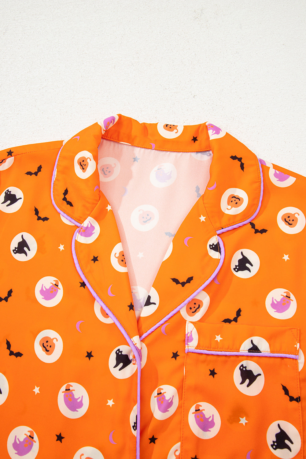 Orange Halloween Print Lapel Shirt Long 2pcs Pajama Set-Loungewear & Sleepwear/Sleepwear-[Adult]-[Female]-2022 Online Blue Zone Planet