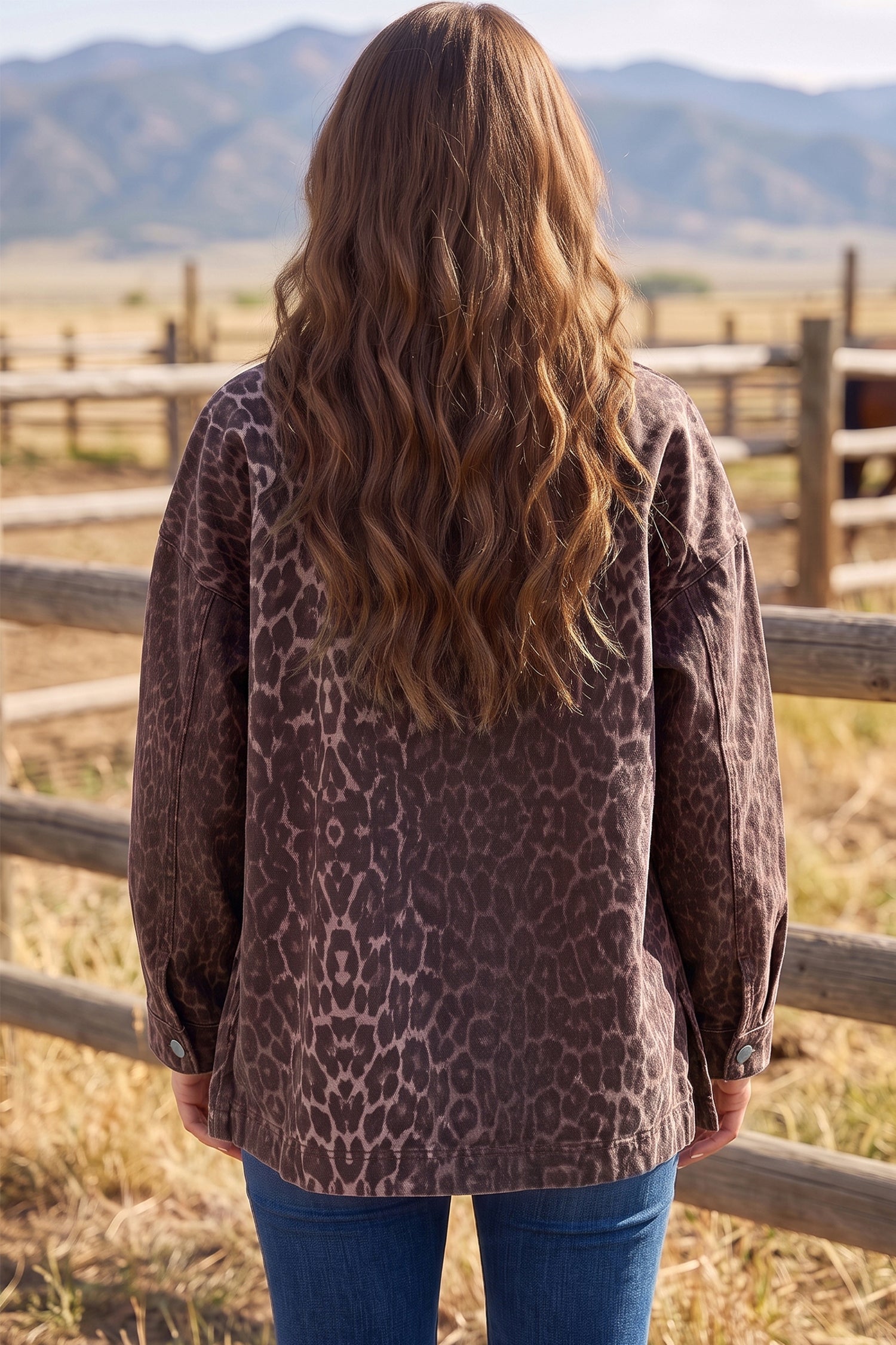 Khaki Oversized Leopard Print Long Sleeve Patch Pocket Denim Jacket-Outerwear/Denim jackets-[Adult]-[Female]-2022 Online Blue Zone Planet