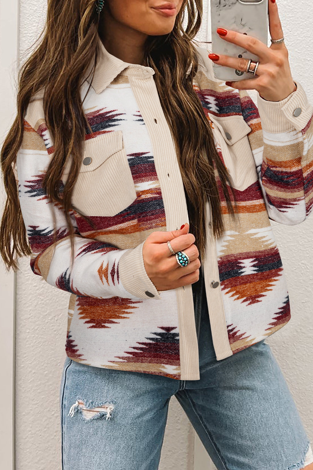 Multicolour Western Aztec Striped Patchwork Double Flap Pocket Raw Hem Shacket-Outerwear/Jackets-[Adult]-[Female]-2022 Online Blue Zone Planet