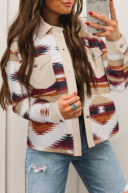 Multicolour Western Aztec Striped Patchwork Double Flap Pocket Raw Hem Shacket-Outerwear/Jackets-[Adult]-[Female]-2022 Online Blue Zone Planet