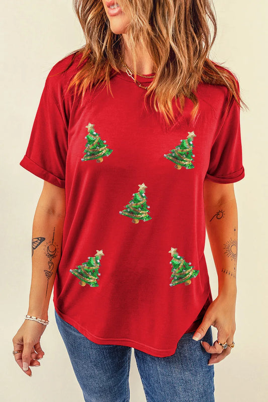 Sequin Christmas Tree Round Neck Short Sleeve T-Shirt-TOPS / DRESSES-[Adult]-[Female]-Deep Red-S-2022 Online Blue Zone Planet