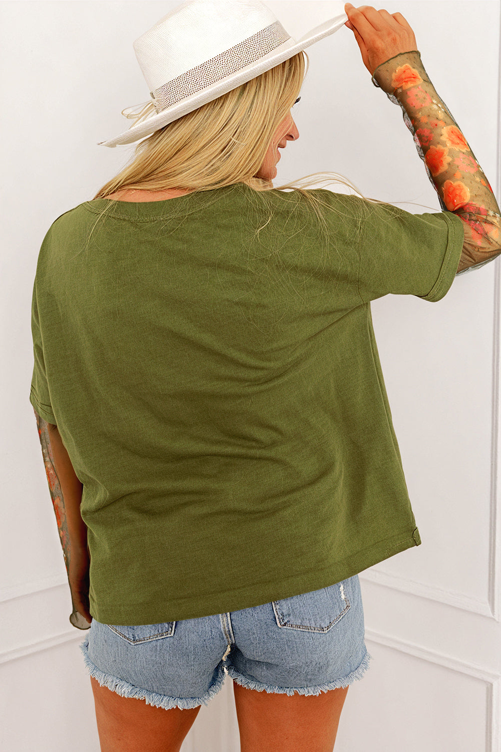 Blue Zone Planet | Fern Green Faux Two Piece Floral Long Sleeve Patchwork Tee-Tops/Long Sleeve Tops-[Adult]-[Female]-2022 Online Blue Zone Planet