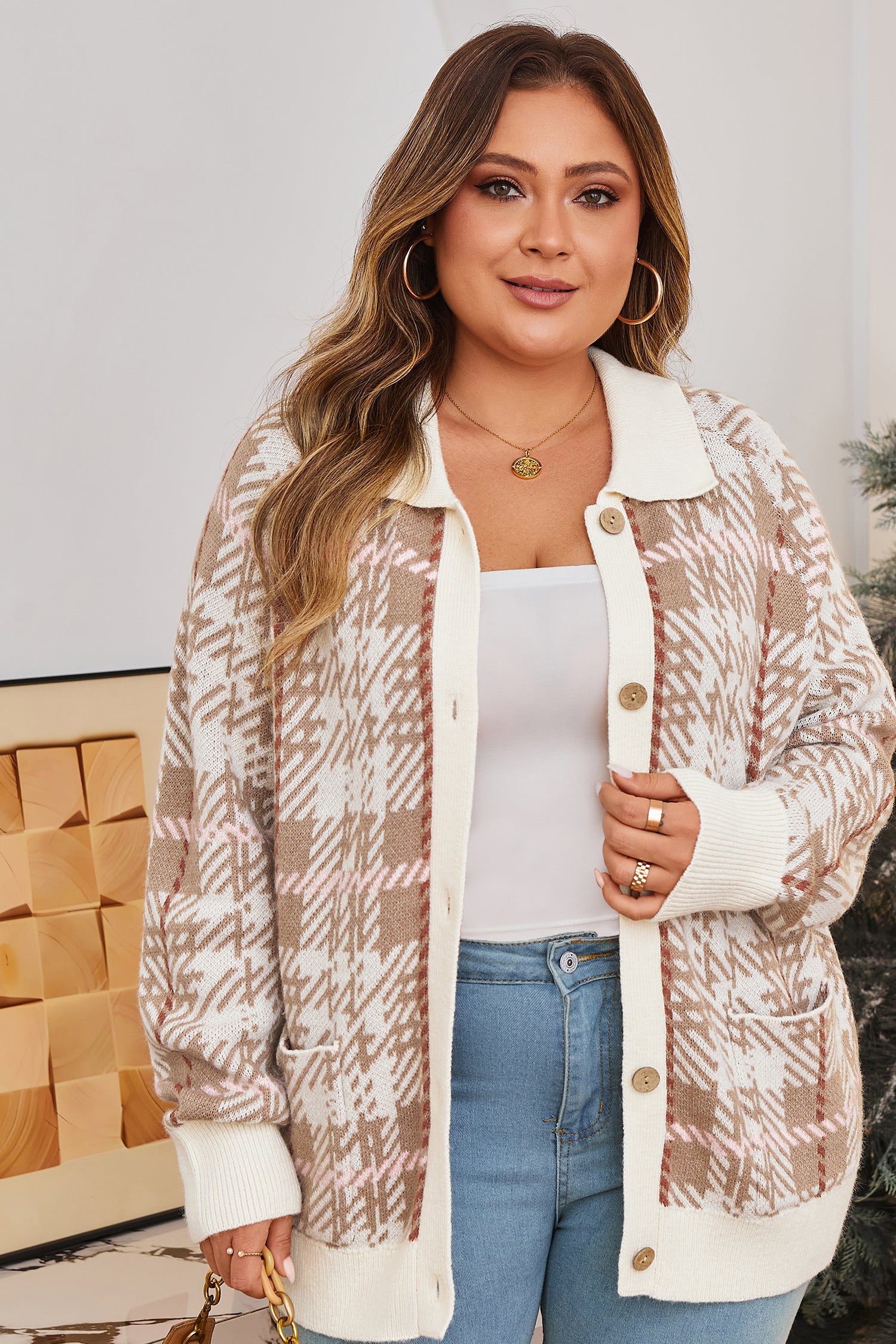 Khaki Vintage Pattern Ribbed Trim Button Front Plus Size Cardigan Sweater-TOPS / DRESSES-[Adult]-[Female]-2022 Online Blue Zone Planet