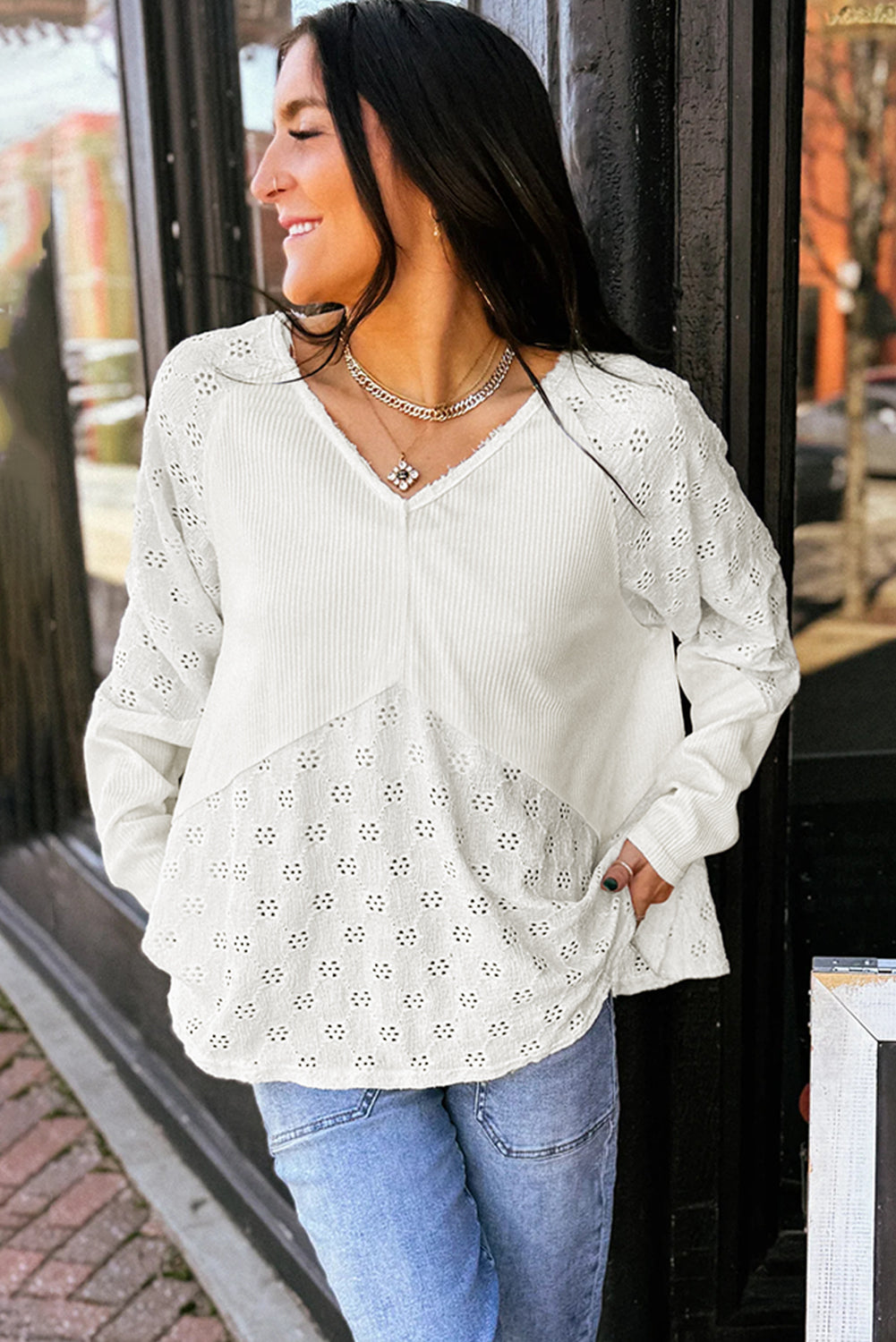 White Twisted Rib Patchwork Embroidered Loose V Neck Long Sleeve Top-Tops/Blouses & Shirts-[Adult]-[Female]-2022 Online Blue Zone Planet