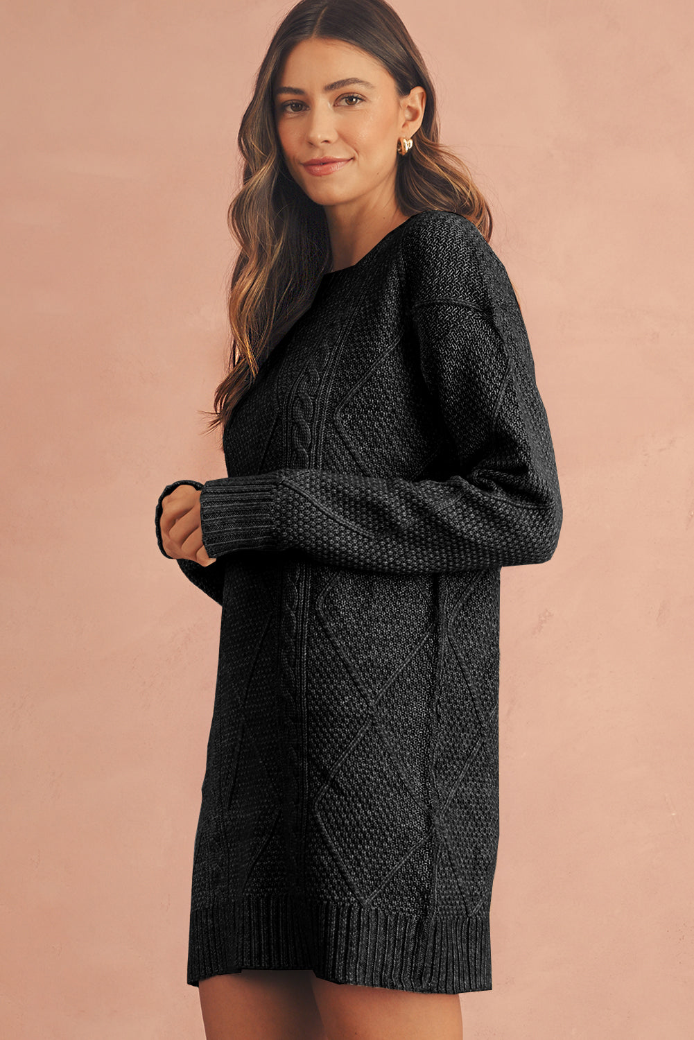 Black Twist Cable Knit Drop Shoulder Loose Fit Sweater Dress-Sweater Dresses-[Adult]-[Female]-2022 Online Blue Zone Planet