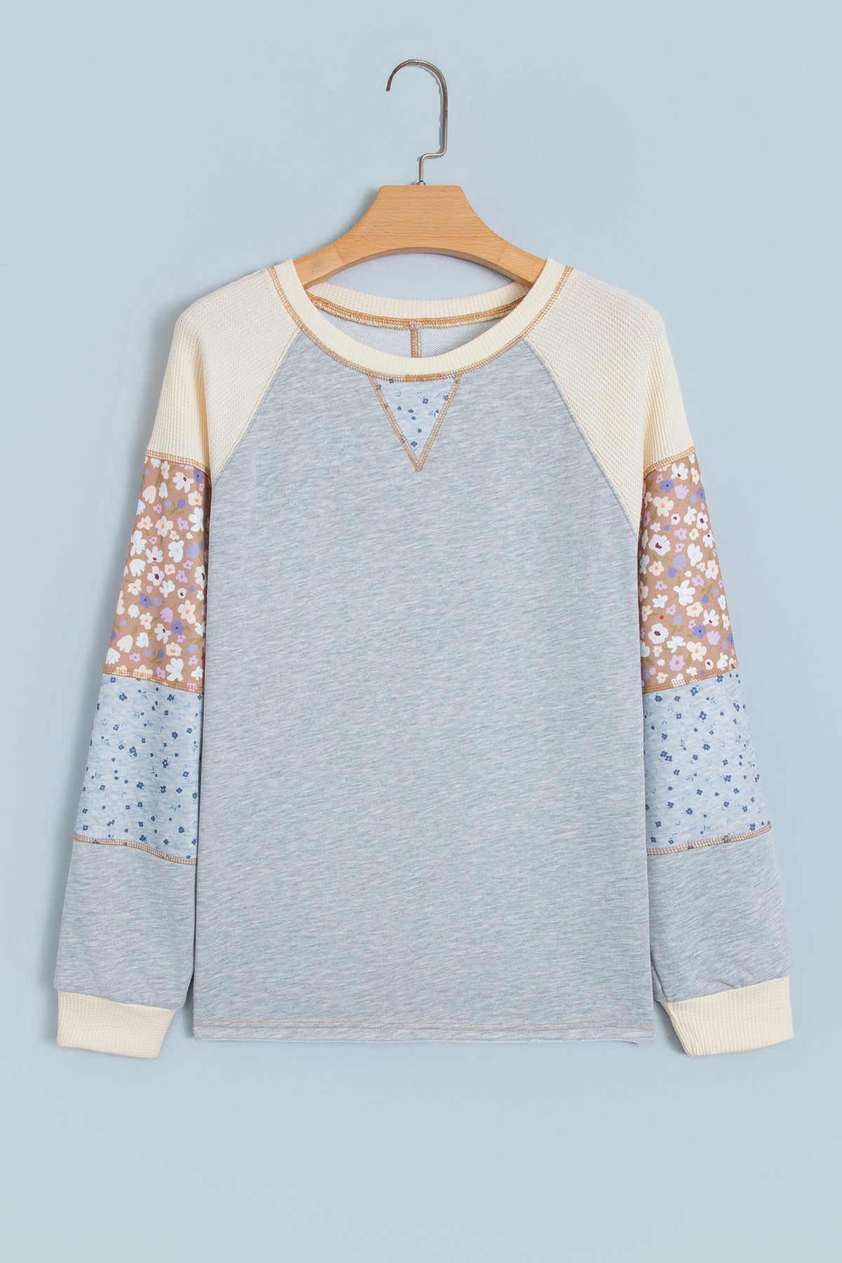 Light Grey Color Block Floral Waffle Mixed Patchwork Long Sleeve Top-Tops/Long Sleeve Tops-[Adult]-[Female]-2022 Online Blue Zone Planet