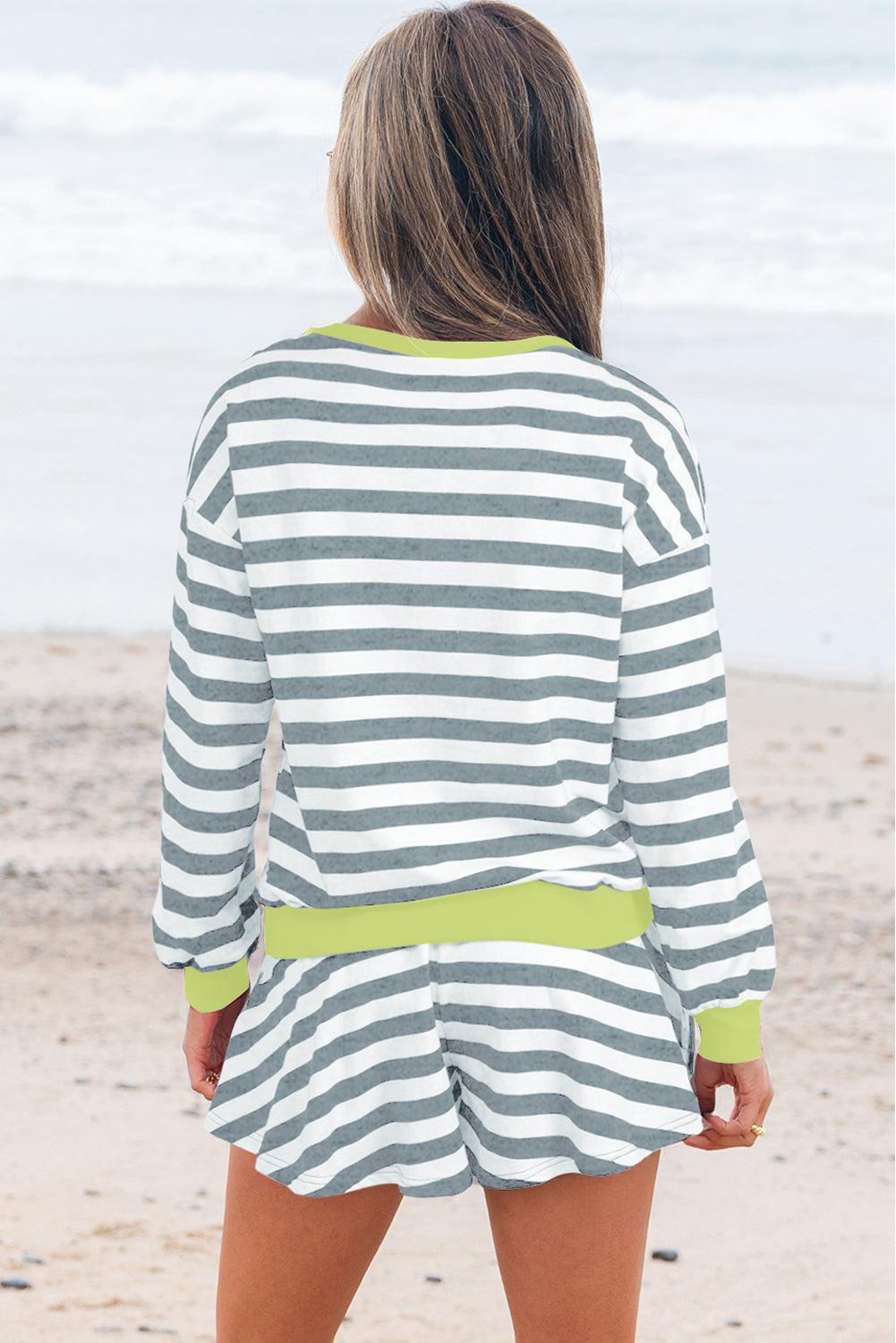 Gray Stripe Contrast Ribbed Banding Long Sleeve Blouse Loose Shorts Set-Two Piece Sets/Short Sets-[Adult]-[Female]-2022 Online Blue Zone Planet