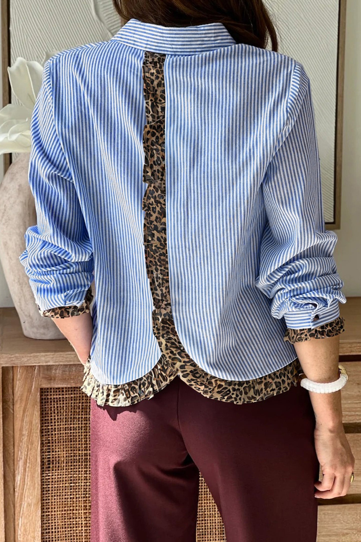 Sky Blue Stripe Contrast Frilled Leopard Trim Casual Long Sleeve Shirt-Tops/Blouses & Shirts-[Adult]-[Female]-2022 Online Blue Zone Planet