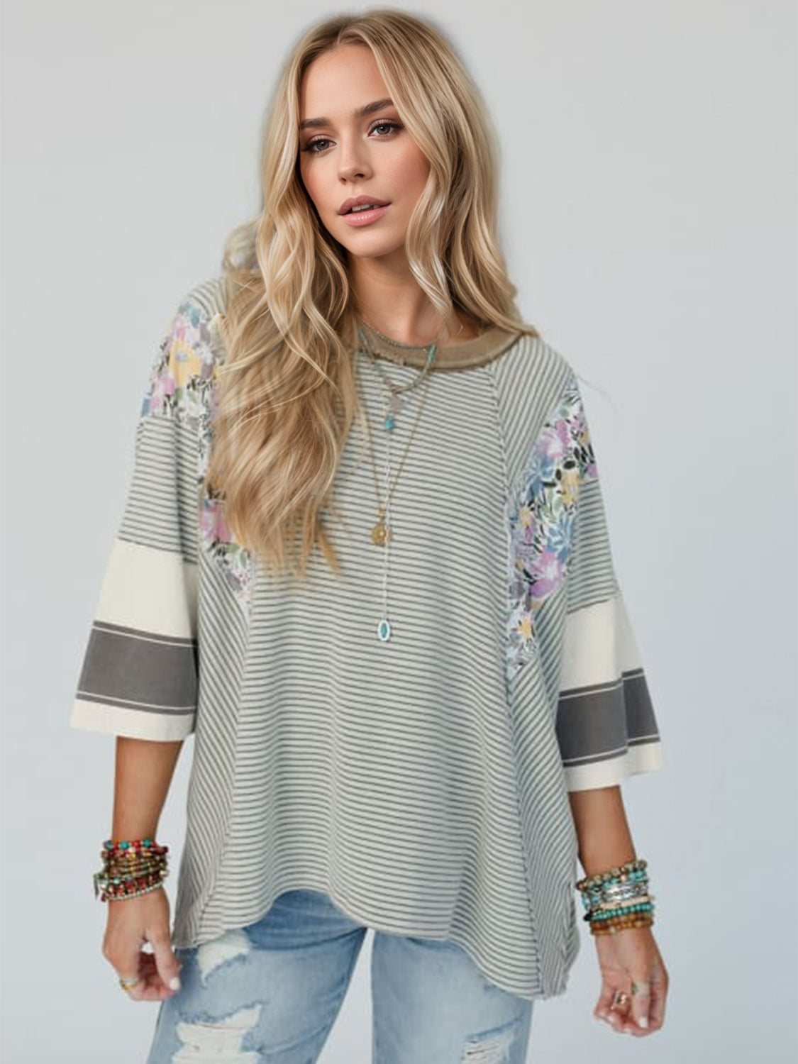 Color Block Printed Three-Quarter Sleeve Top-TOPS / DRESSES-[Adult]-[Female]-Gray-S-2022 Online Blue Zone Planet