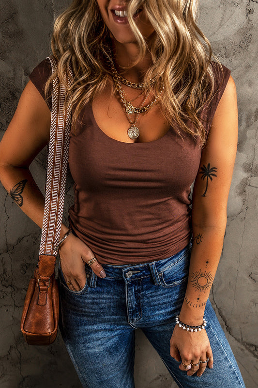 Coffee Solid Color U Neck Slim Fit Tank Top-Tops/Tank Tops-[Adult]-[Female]-Coffee-S-2022 Online Blue Zone Planet
