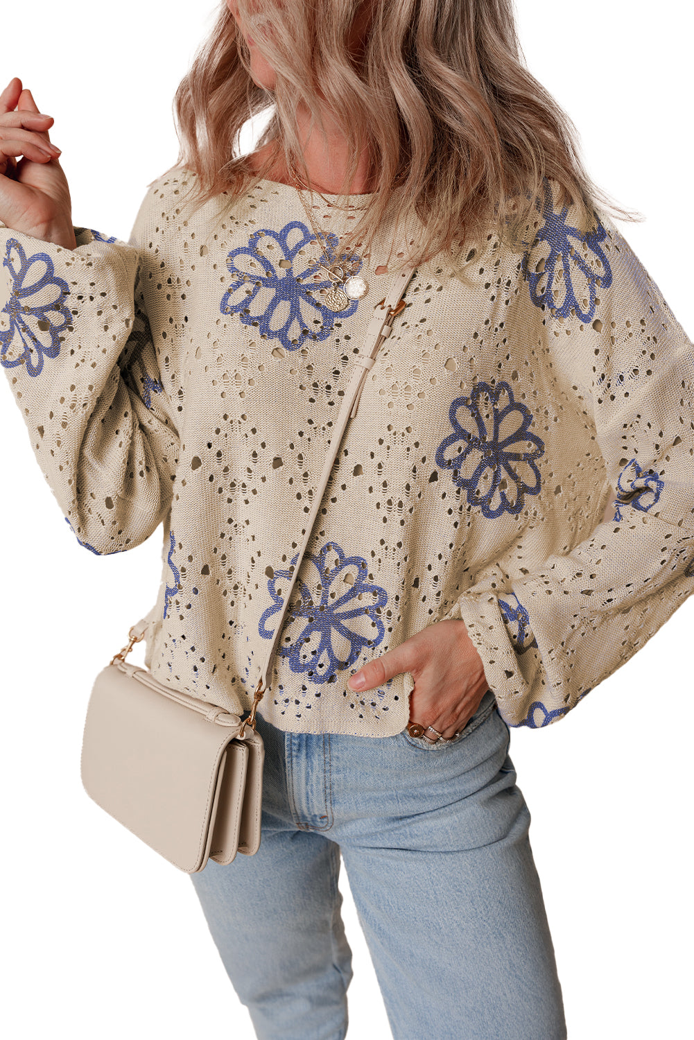 Beige Contrast Flower Print Eyelet Drop Shoulder Sweater-Sweaters & Cardigans/Sweaters-[Adult]-[Female]-2022 Online Blue Zone Planet