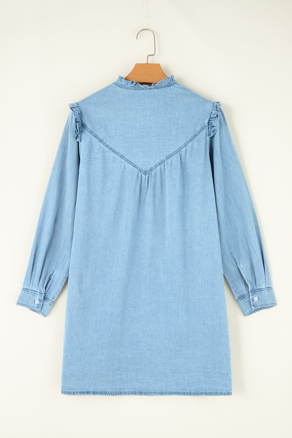 Blue Zone Planet | Myosotis Ruffled V Neck Buttoned Shift Denim Dress-TOPS / DRESSES-[Adult]-[Female]-2022 Online Blue Zone Planet