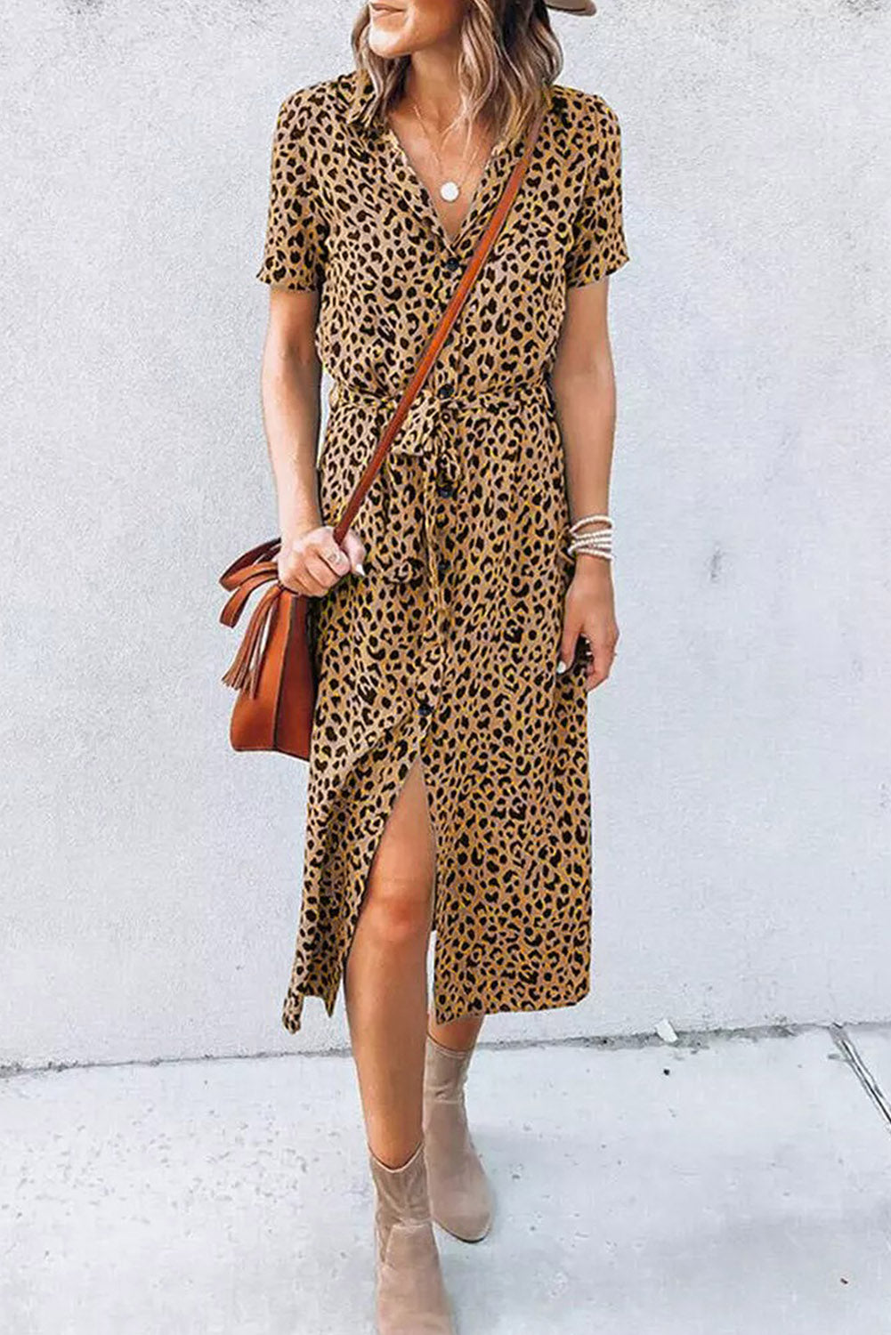 Khaki Leopard Turn-Down Collar Slit Midi Dress Blue Zone Planet