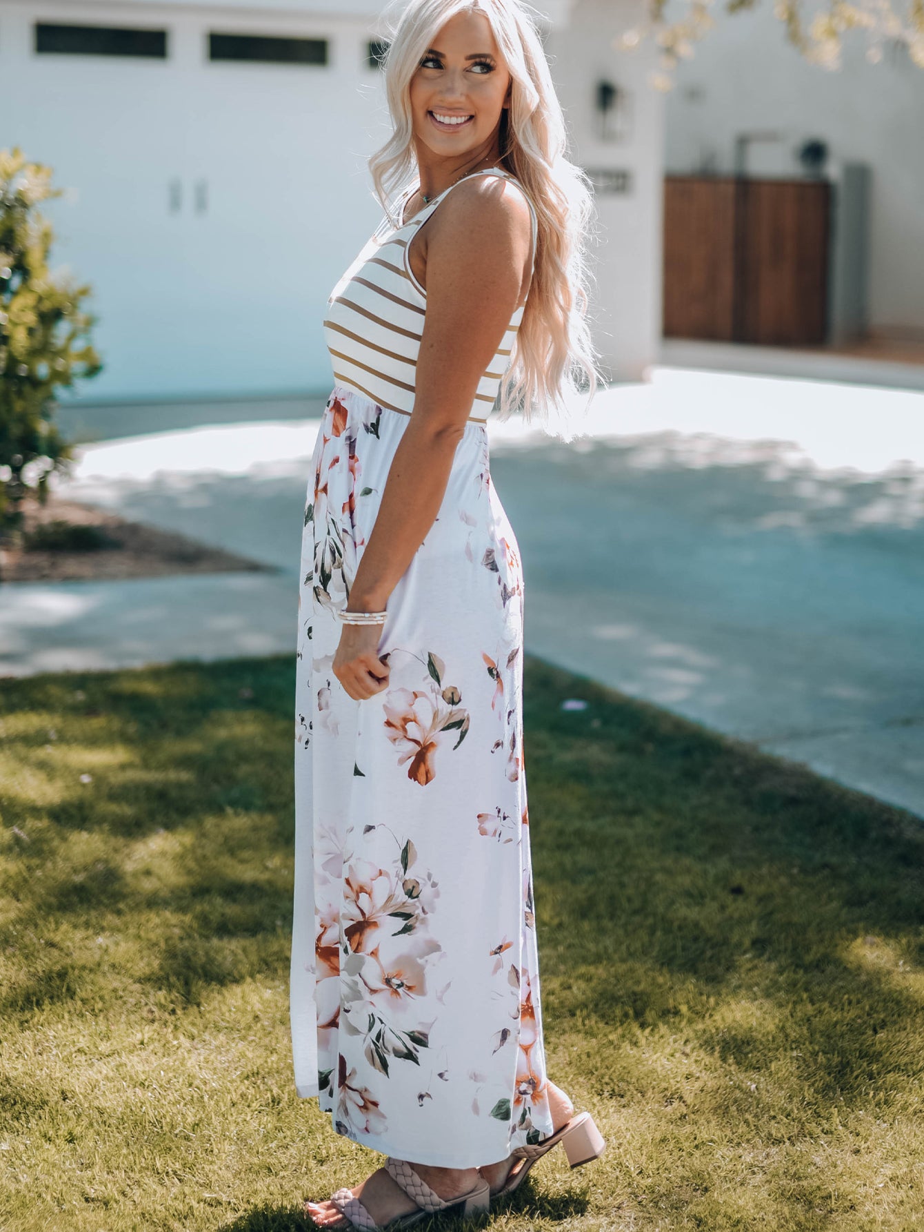 Blue Zone Planet | White Striped Floral Print Sleeveless Maxi Dress with Pocket-TOPS / DRESSES-[Adult]-[Female]-2022 Online Blue Zone Planet