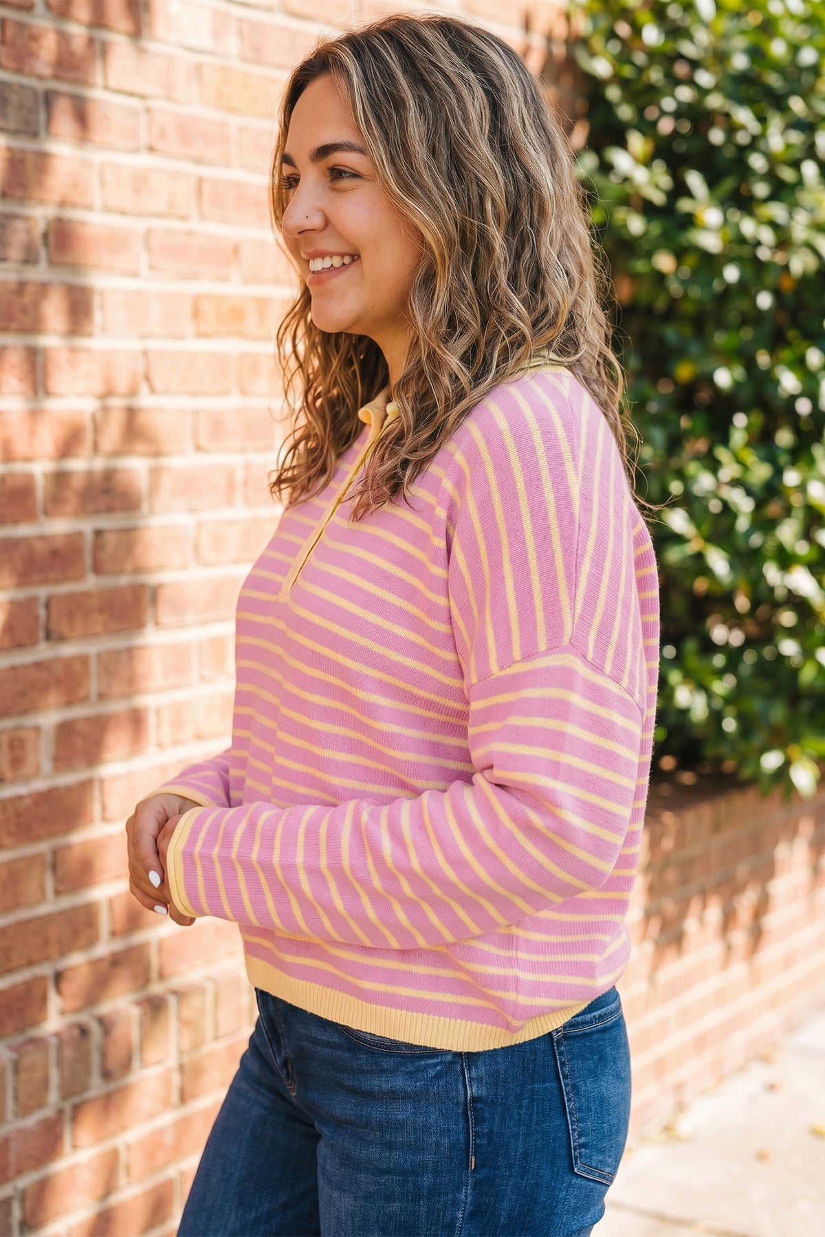Pink Stripe Striped Colorblock Long Sleeve V Neck Shift Plus Size Sweater