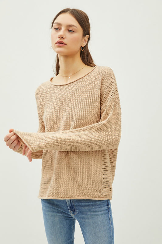 Blue Zone Planet | Be Cool Rolled Openwork Round Neck Sweater-TOPS / DRESSES-[Adult]-[Female]-Taupe-S/M-2022 Online Blue Zone Planet