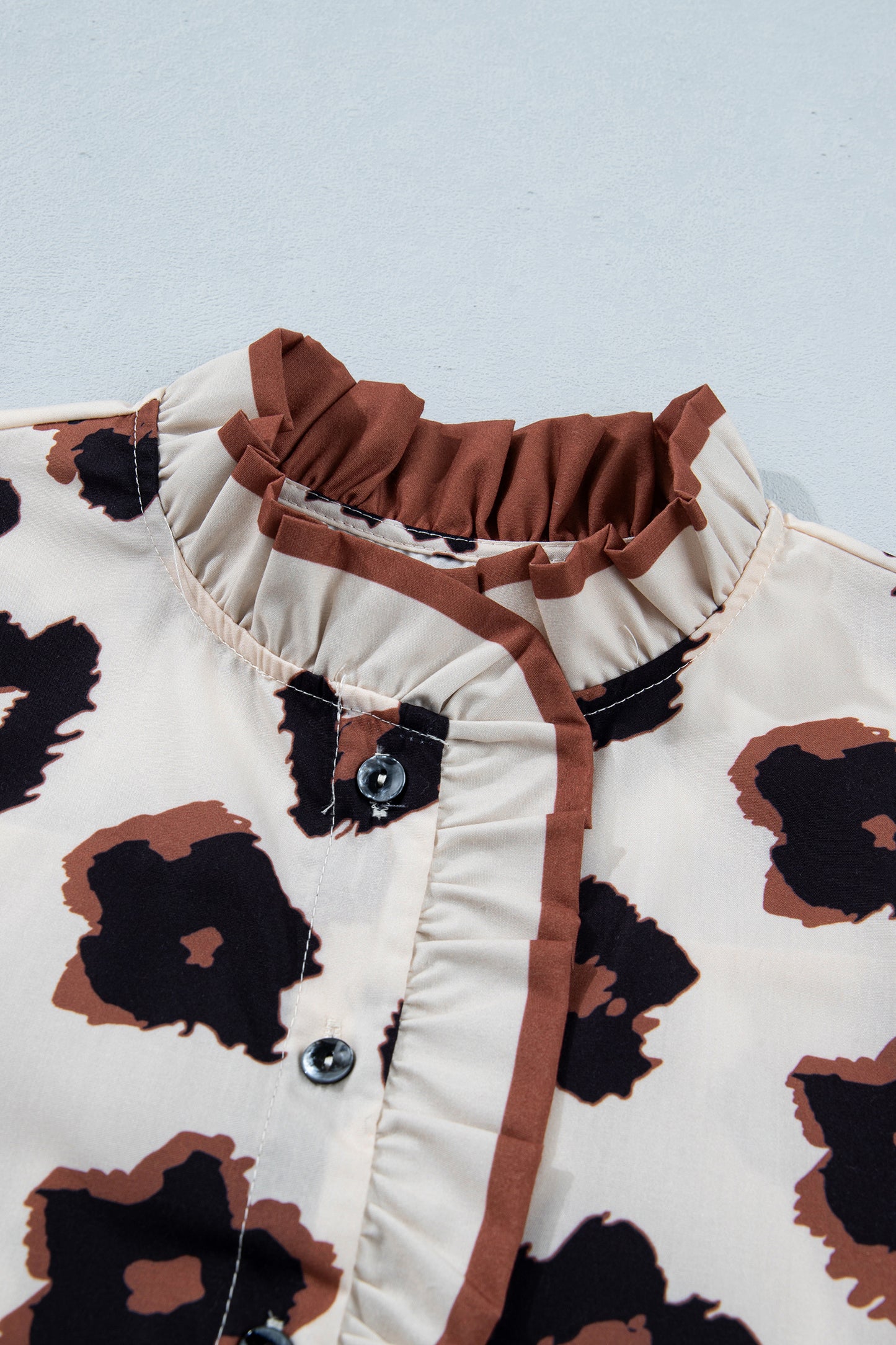 Khaki Leopard Printed Ruffle Sleeve Summer Blouse-Tops/Blouses & Shirts-[Adult]-[Female]-2022 Online Blue Zone Planet