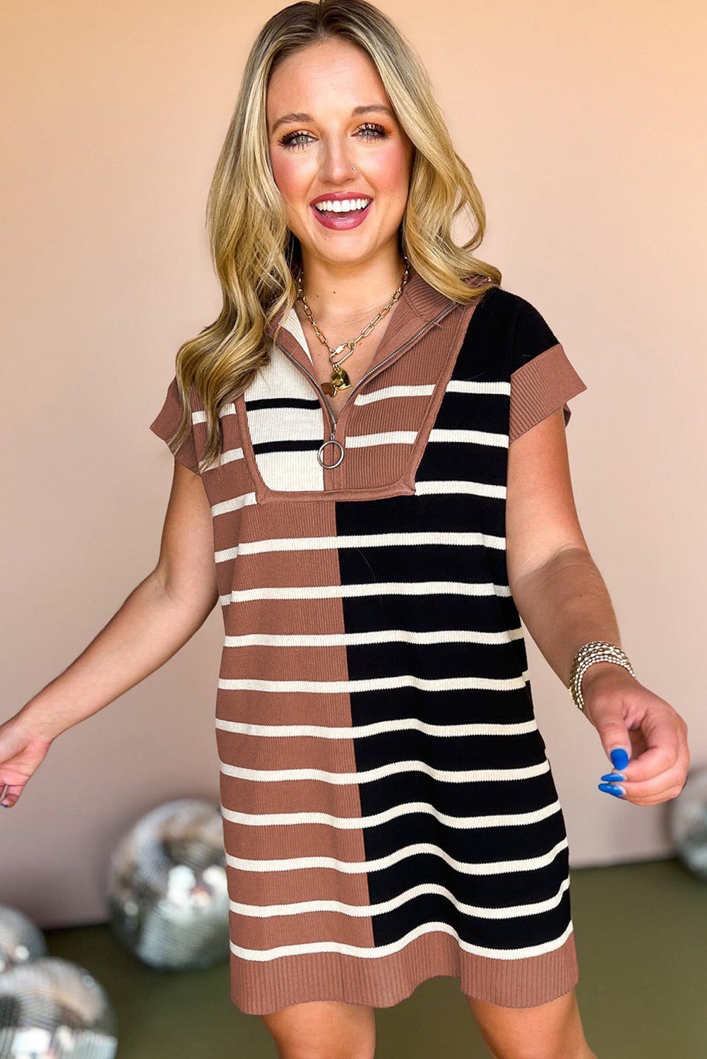 Khaki Stripe Color Block Quarter Zip Collar Short Sleeve Sweater Dress-Sweaters & Cardigans/Sweater Dresses-[Adult]-[Female]-2022 Online Blue Zone Planet