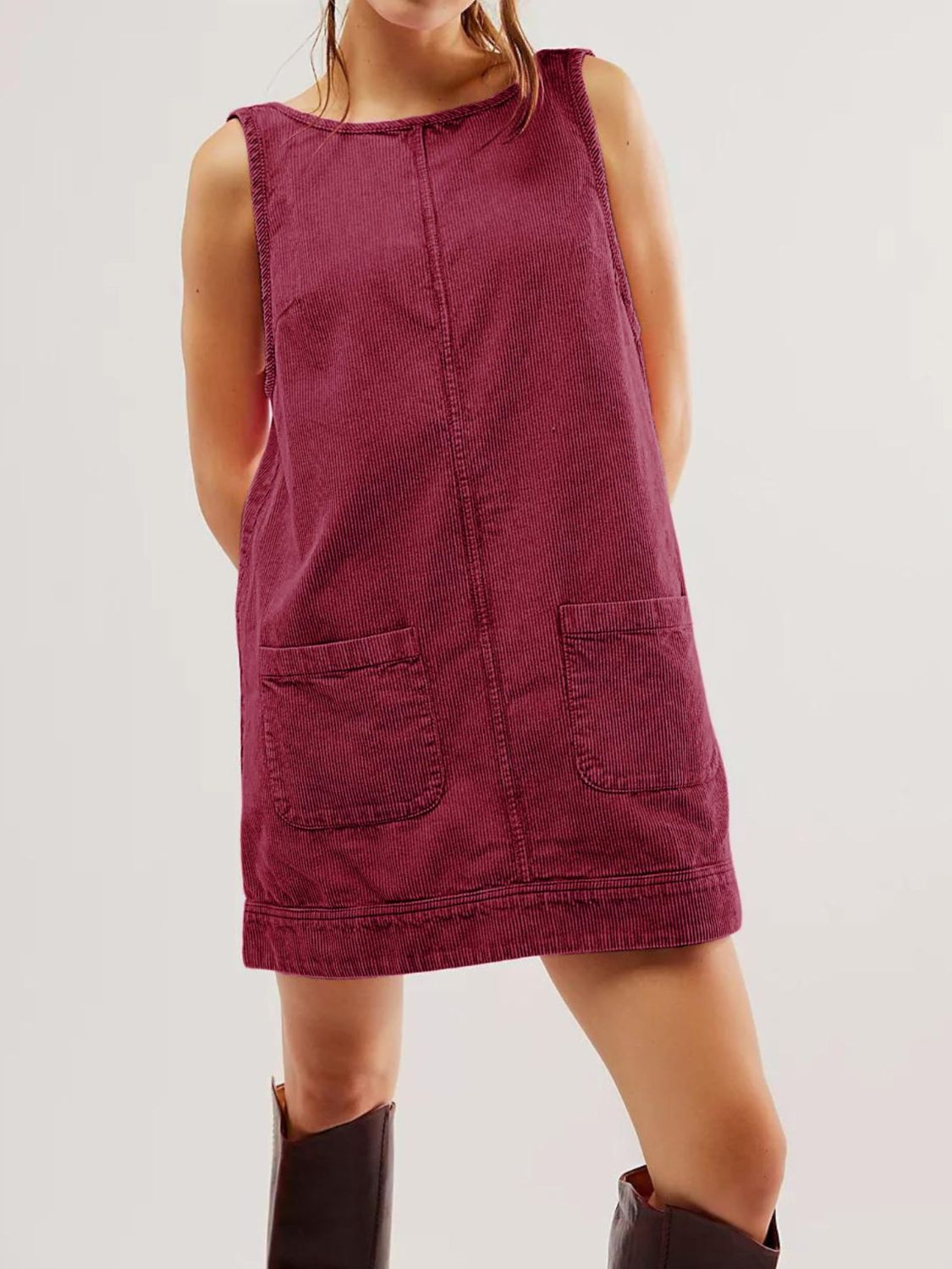 Blue Zone Planet | Mandy Round Neck Wide Strap Mini Dress with Pockets-TOPS / DRESSES-[Adult]-[Female]-Burgundy-S-2022 Online Blue Zone Planet