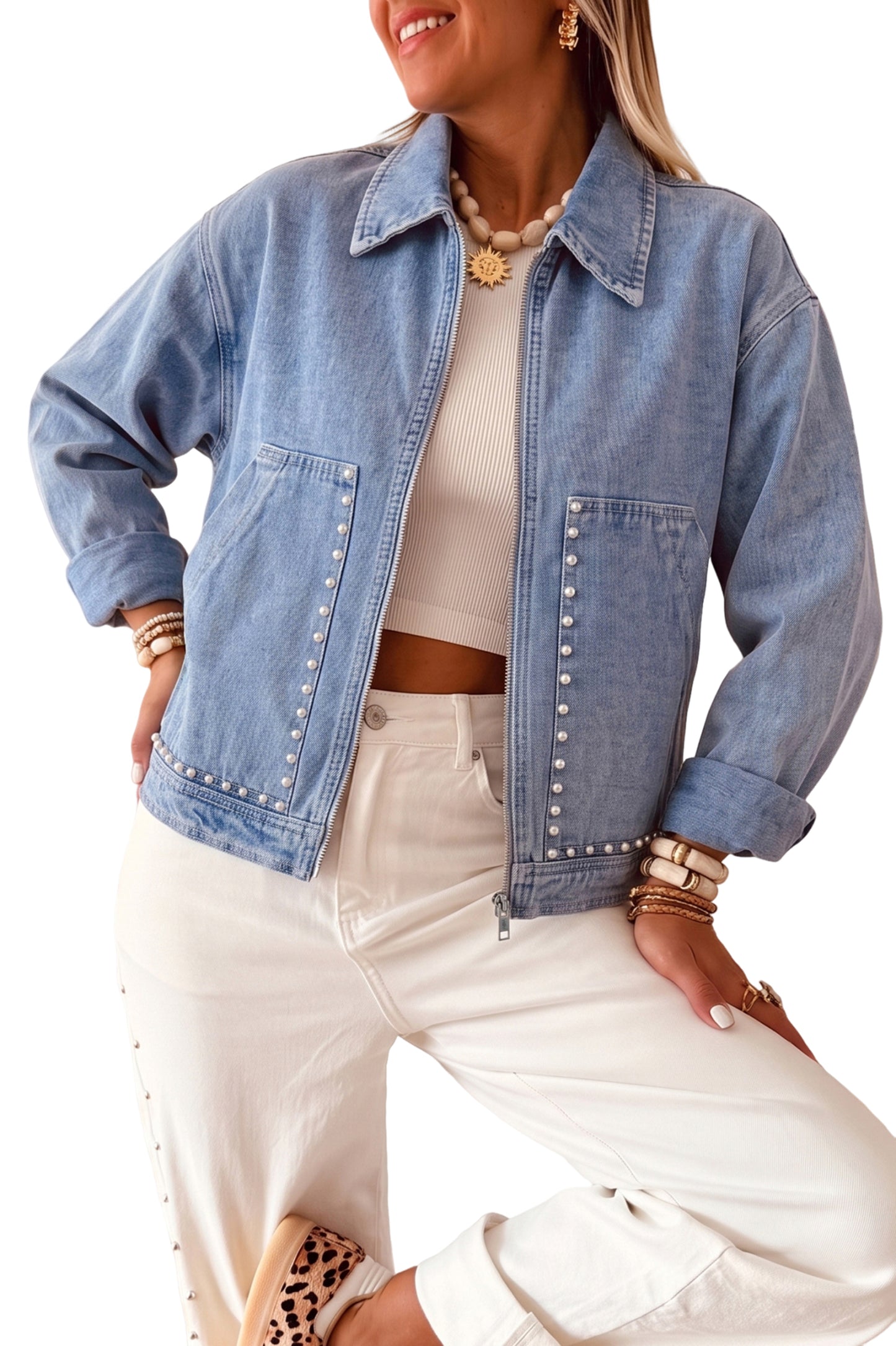 Beau Blue Studded Metal Zipper Rivet Pockets Long Sleeve Denim Jacket