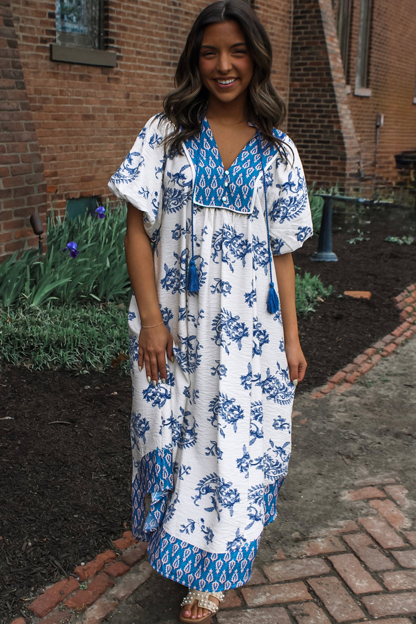 Sky Blue Boho Abstract Print Contrast Trim V Neck Tassel Tie Dress-Dresses/Floral Dresses-[Adult]-[Female]-2022 Online Blue Zone Planet
