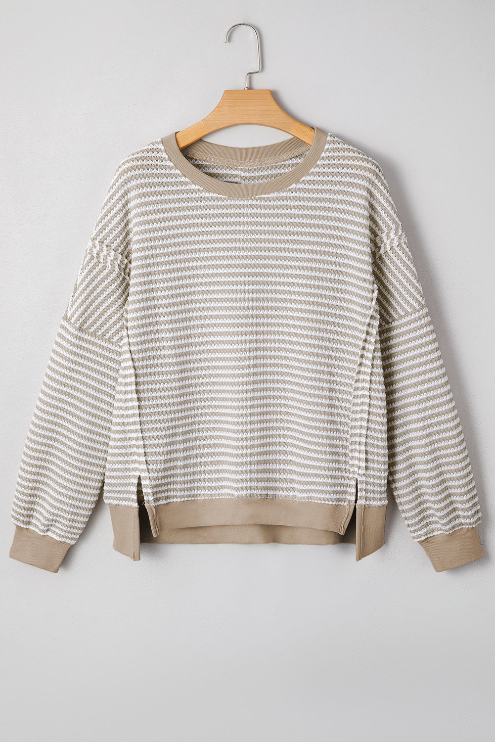 Brown Stripe Ribbed Trim Drop Shoulder Long Sleeve Oversize Top-Tops/Long Sleeve Tops-[Adult]-[Female]-2022 Online Blue Zone Planet