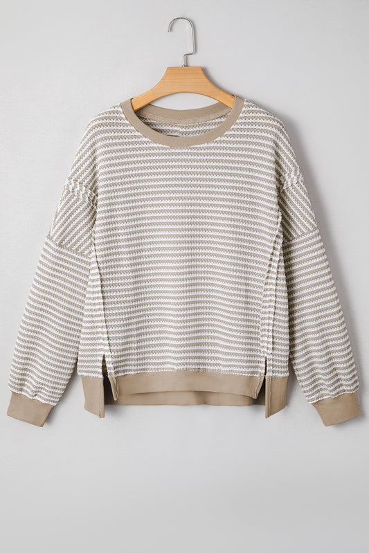 Brown Stripe Ribbed Trim Drop Shoulder Long Sleeve Oversize Top-Tops/Long Sleeve Tops-[Adult]-[Female]-2022 Online Blue Zone Planet