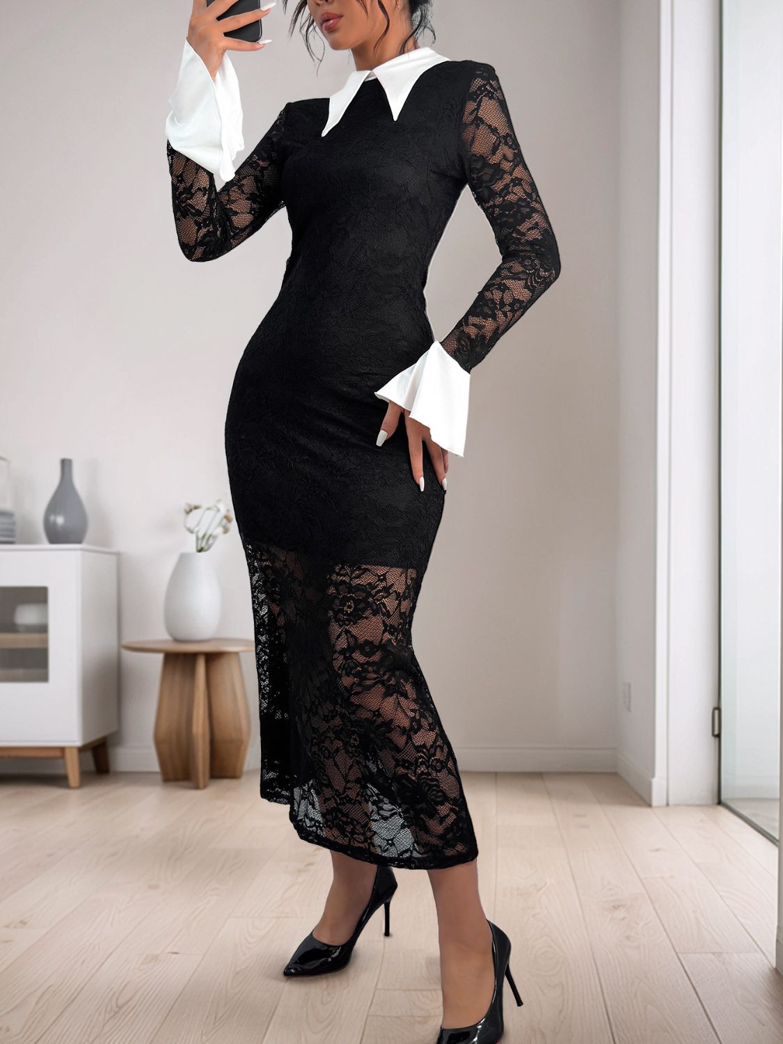 Blue Zone Planet | Perfee Lace Contrast Collared Neck Long Sleeve Midi Dress-TOPS / DRESSES-[Adult]-[Female]-2022 Online Blue Zone Planet