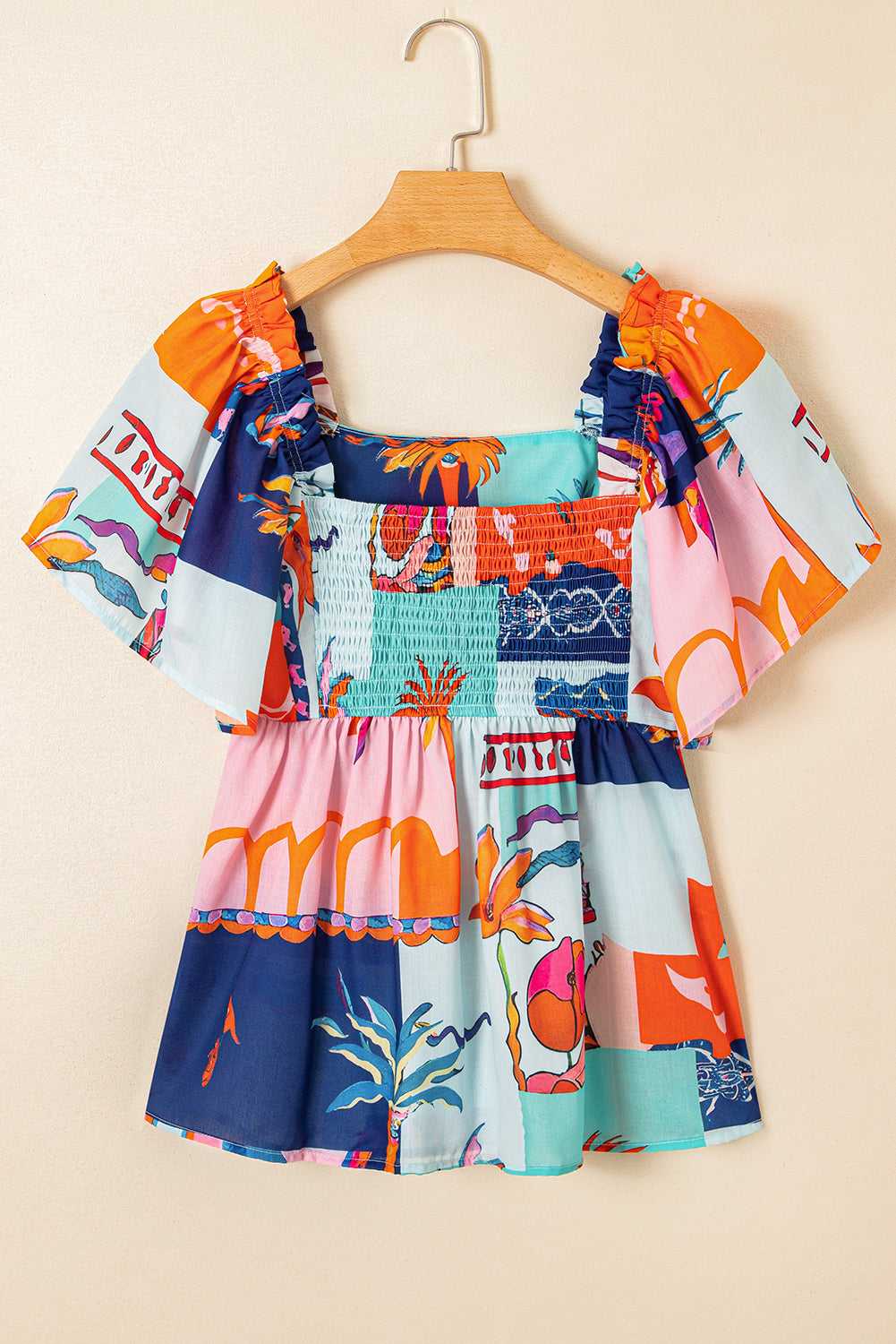 Sky Blue Tropical Printed Square Neck Flutter Sleeve Babydoll Blouse-Tops/Blouses & Shirts-[Adult]-[Female]-2022 Online Blue Zone Planet